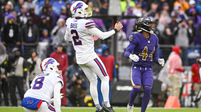 Oct 2, 2022; Baltimore, Maryland, USA; Buffalo Bills place kicker Tyler Bass (2) kicks a field goal as time expires to beat the Baltimore Ravens at M&T Bank Stadium.